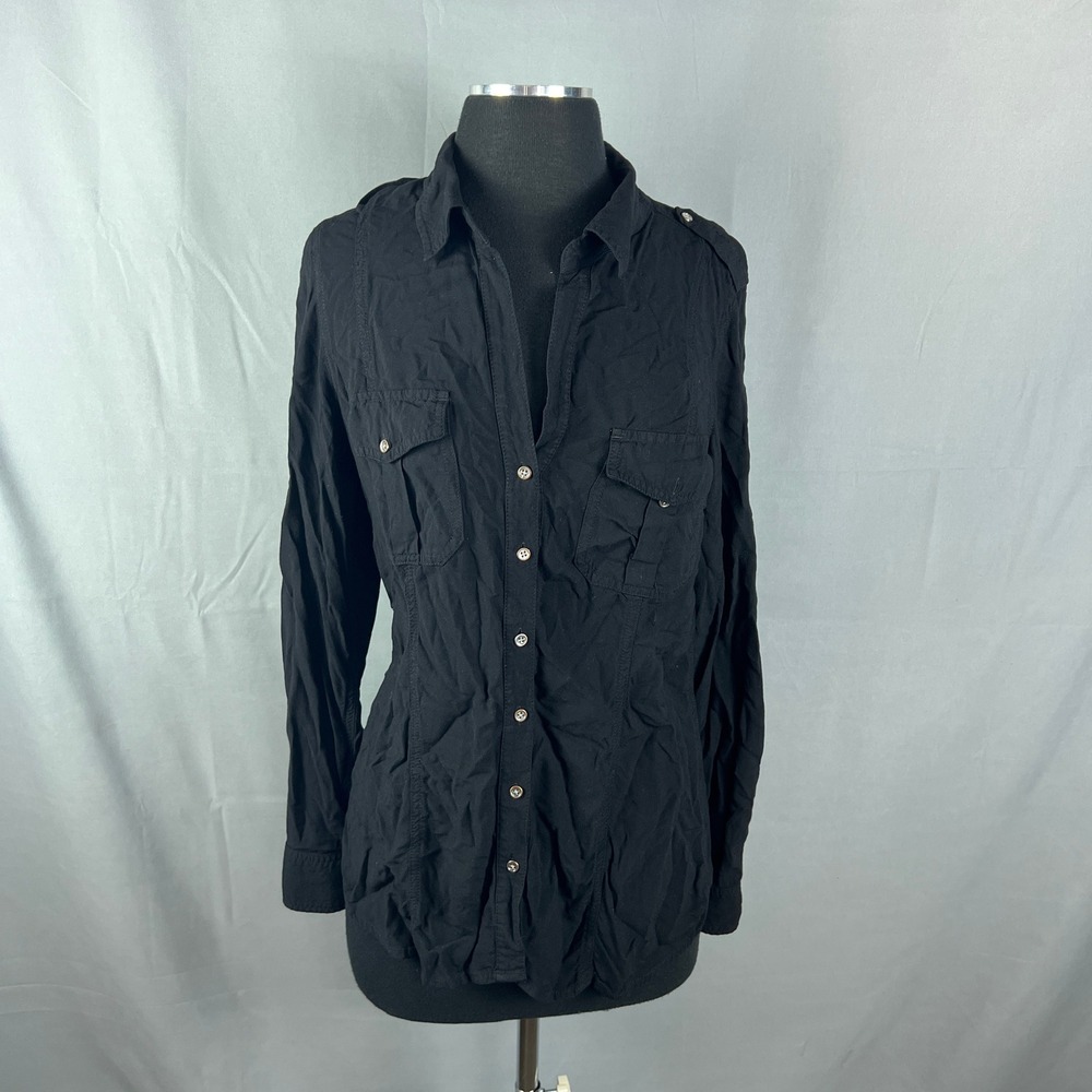 Express Utility Shirt Womens Large Black Epaulets Pocket Button Up Long Sleeve